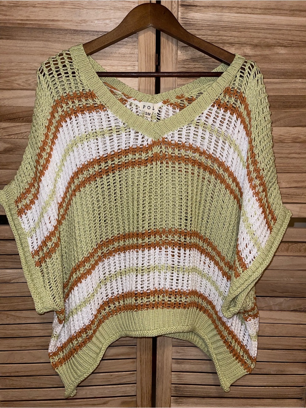 POL S/M Open Knit Striped V-Neck Sweater Green Rust White Coastal Boho Oversized - Picture 2 of 7